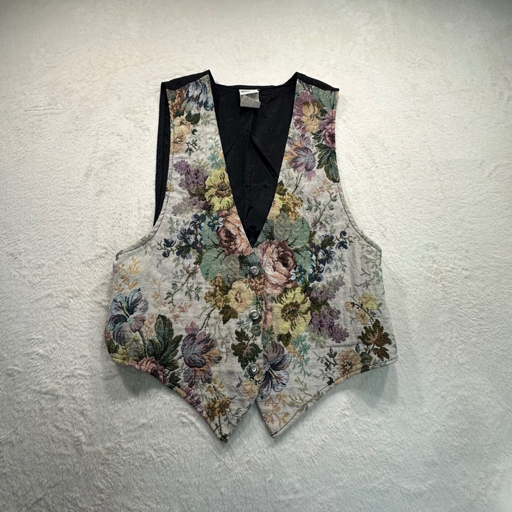Vintage Sostanza Floral Tapestry Vest Black Woven Cotton Blend V-Neck Medium